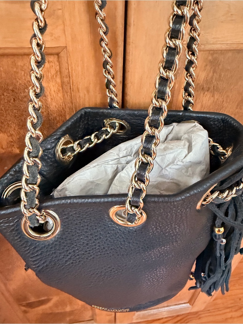 Rebecca Minkoff Black Leather Fringe Bucket Bag with Gold Chain - Picture 6 of 14